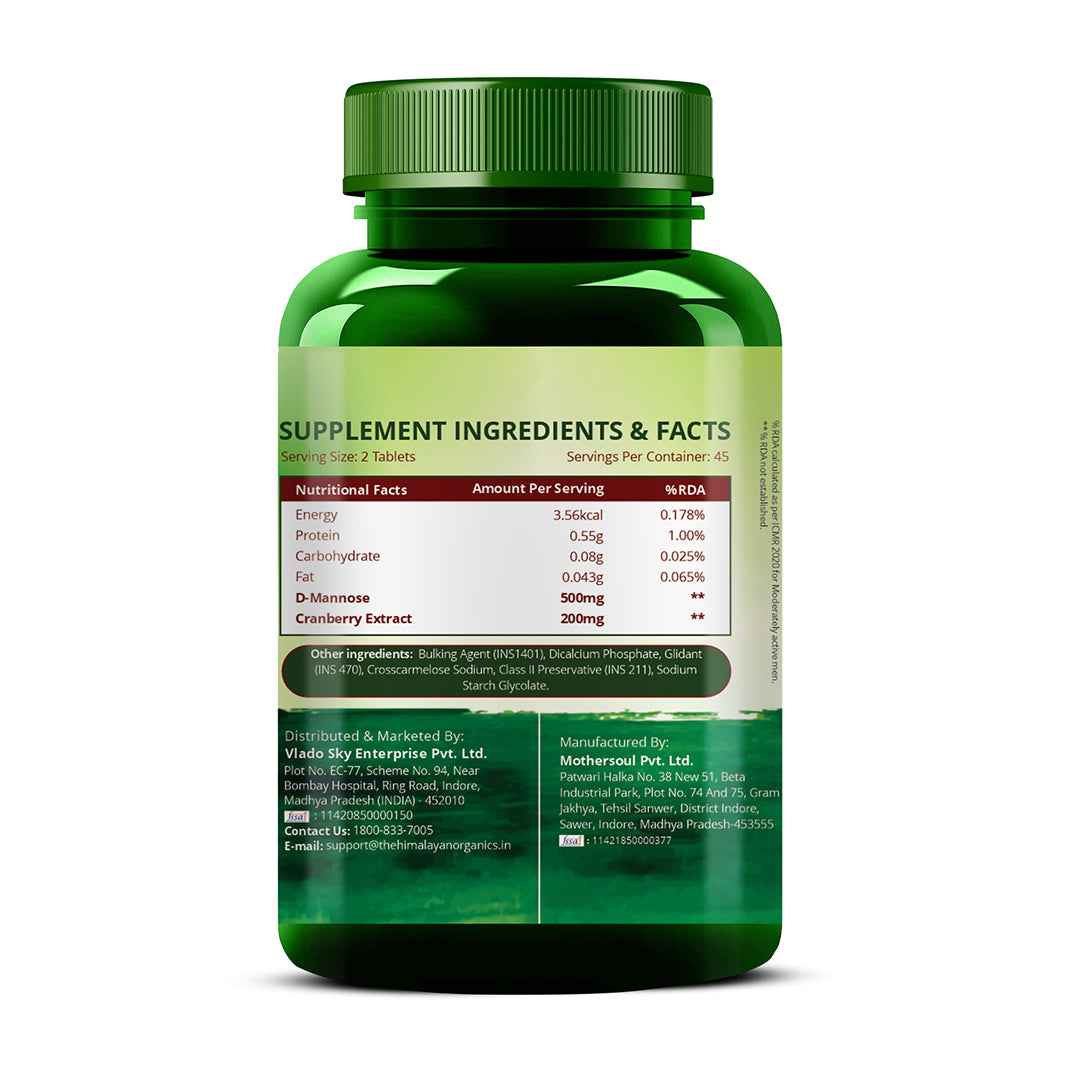 Vlado's Himalayan Organics D-MANNOSE + CRANBERRY Antioxidant Rich Supplement for Kidney Health & Urinary Tract Infection - 90 Tablets