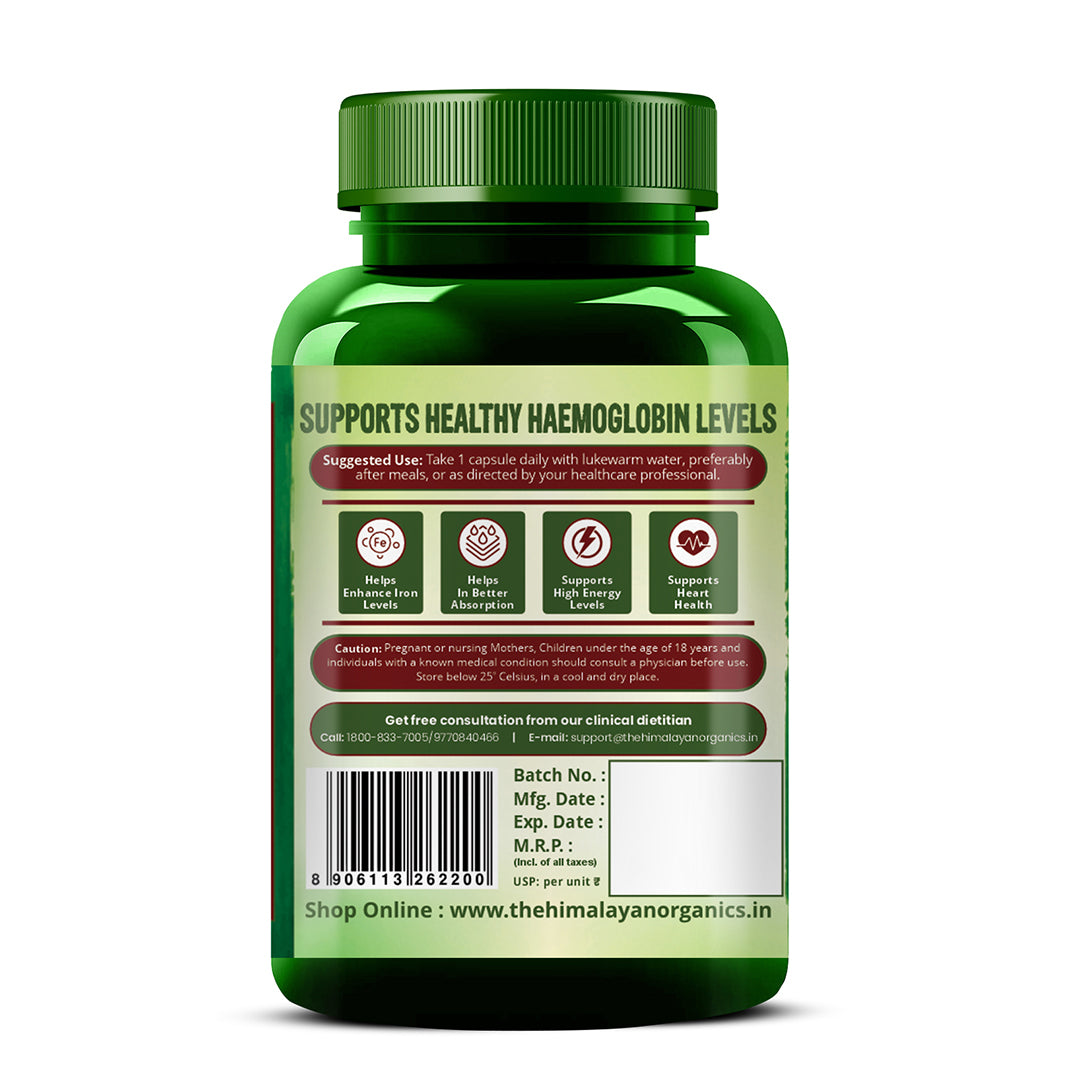 Vlado's Himalayan Organics Plant Based Iron with Folate for Better Hemoglobin, Immunity, Oxygen Binding Capacity - 90 Veg Capsules