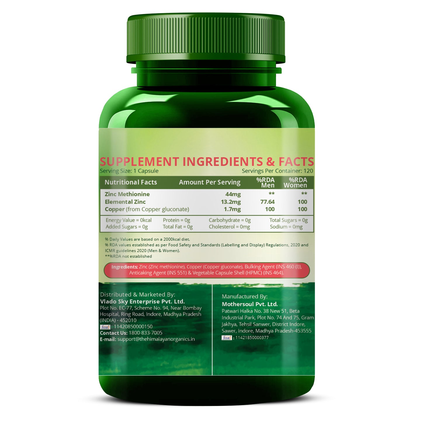 Vlado's Himalayan Organics Zinc Methionine Chelated Copper | Support Healthy Immune | Promotes  Skeetal  Health | Antioxidant Support - 120 Veg Capsules