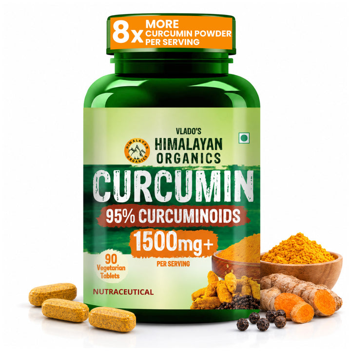 Vlado's Himalayan Organics Curcumin With Biopiperine 1500mg Tablets With 95% Curcuminoids Supplements For Better Absorption | Good For Skin & Joint pains | Immunity Booster for Men And Women - 90 Veg Tablets