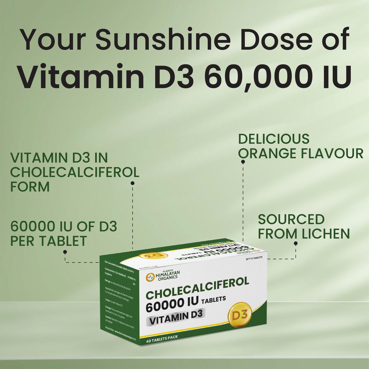 Vlado's Himalayan Organics Vitamin D3 60000 IU Tablets | Cholecalciferol I Vitamin D3 60k Supplement | Vitamin D 60000 iu Tablets | Cholecalciferol Supplement 60000iu for men & women | Orange Flavour - 40 Tablets