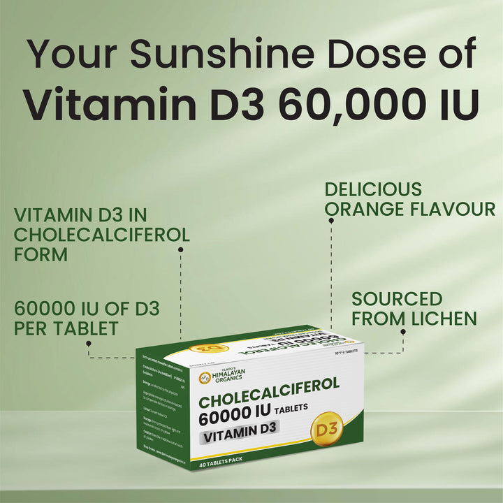 Vlado's Himalayan Organics Vitamin D3 60000 IU Tablets | Cholecalciferol I Vitamin D3 60k Supplement | Vitamin D 60000 iu Tablets | Cholecalciferol Supplement 60000iu for men & women | Orange Flavour - 40 Tablets