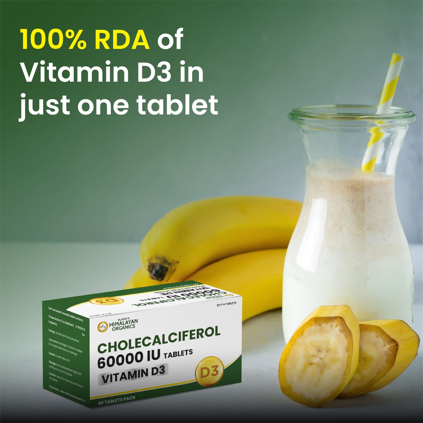 Vlado's Himalayan Organics Vitamin D3 60000 IU Tablets | Cholecalciferol I Vitamin D3 60k Supplement | Vitamin D 60000 iu Tablets | Cholecalciferol Supplement 60000iu for men & women | Orange Flavour - 40 Tablets
