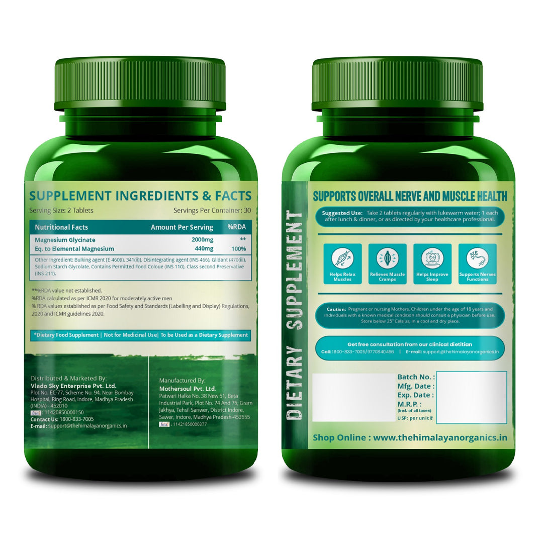 Vlado's Himalayan Organics Chelated Magnesium Glycinate Supplement 2000mg Per Serving | Magnesium Supplement Supports Muscle Recovery & Better Sleep - 60 Veg Tablets