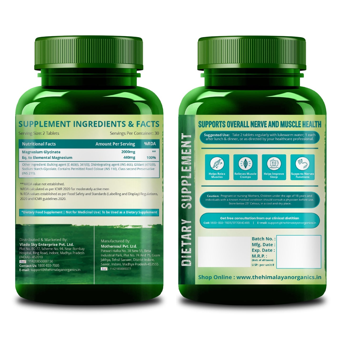Vlado's Himalayan Organics Chelated Magnesium Glycinate Supplement 2000mg Per Serving | Magnesium Supplement Supports Muscle Recovery & Better Sleep - 60 Veg Tablets