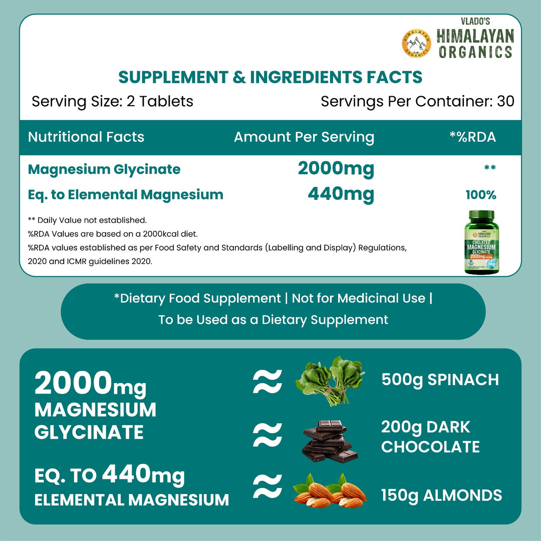 Vlado's Himalayan Organics Chelated Magnesium Glycinate Supplement 2000mg Per Serving | Magnesium Supplement Supports Muscle Recovery & Better Sleep - 60 Veg Tablets