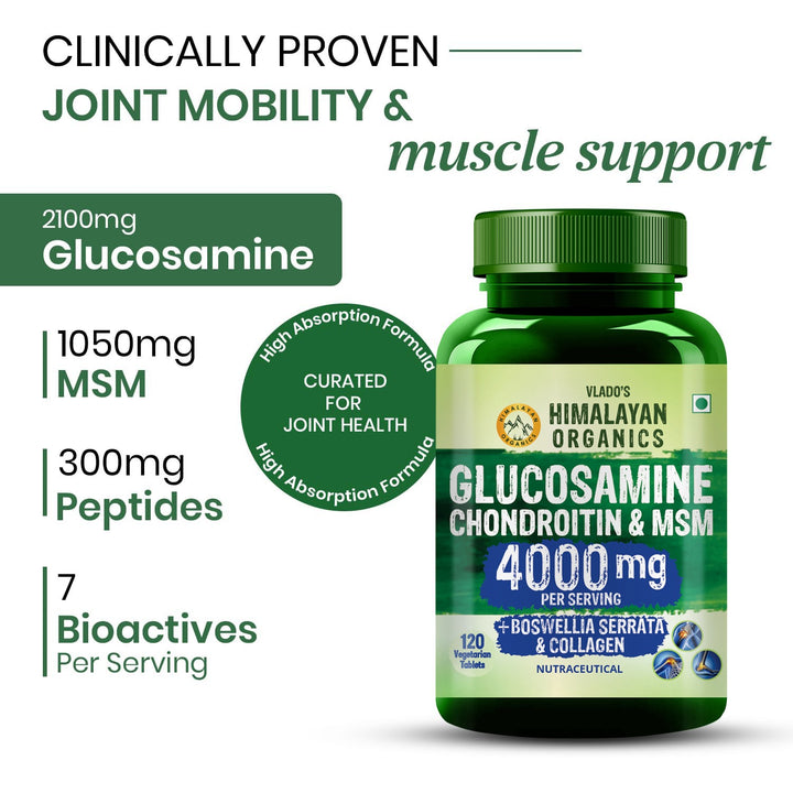 Vlado’s Himalayan Organics Glucosamine Chondroitin MSM Tablets | Cartilage & Joint Support Supplement | Glucosamine for Joint Relieves Pain and Stiffness I Added Collagen peptides, Curcuma, Vitamin D & Boswellia - Pure Veg Formula - 120 Vegetarian Tablets