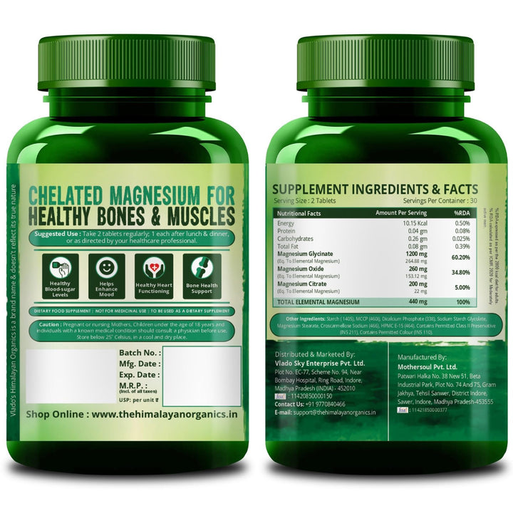 Vlado's Himalayan Organics Magnesium Complex Supplement | 1660mg | with Magnesium Glycinate, Magnesium Citrate, Magnesium Oxide - 60 Veg Tablets