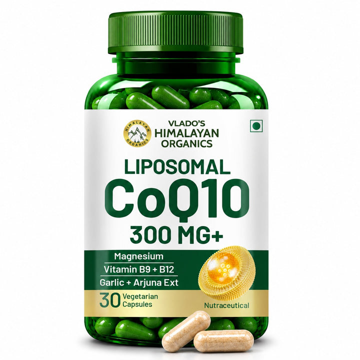 Vlado's Himalayan Organics Liposomal Coenzyme Q10 | CoQ10 Supplement 300mg+ with Magnesium, Vitamin B9 & B12, D-Chiro-Inositol, ,Garlic, Arjuna, Methyl, Folate | High Absorption I Coq10 Ubiqinol Supports Heart Health and Vascular Health  – 30 Capsules