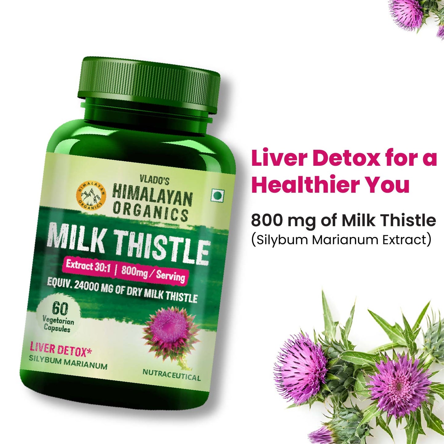 Vlado's Himalayan Organics Milk Thistle Extract Detox Supplement For Men And Women With 800Mg Of Silybum Marianum For Healthy Liver | Helps in Cleanse Liver - 60 Vegetarian Capsules