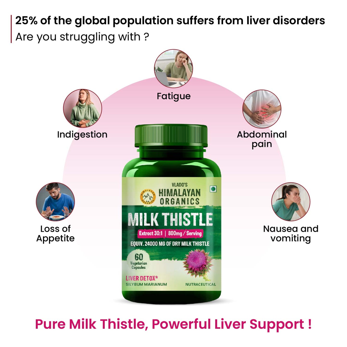 Vlado's Himalayan Organics Milk Thistle Extract Detox Supplement For Men And Women With 800Mg Of Silybum Marianum For Healthy Liver | Helps in Cleanse Liver - 60 Vegetarian Capsules