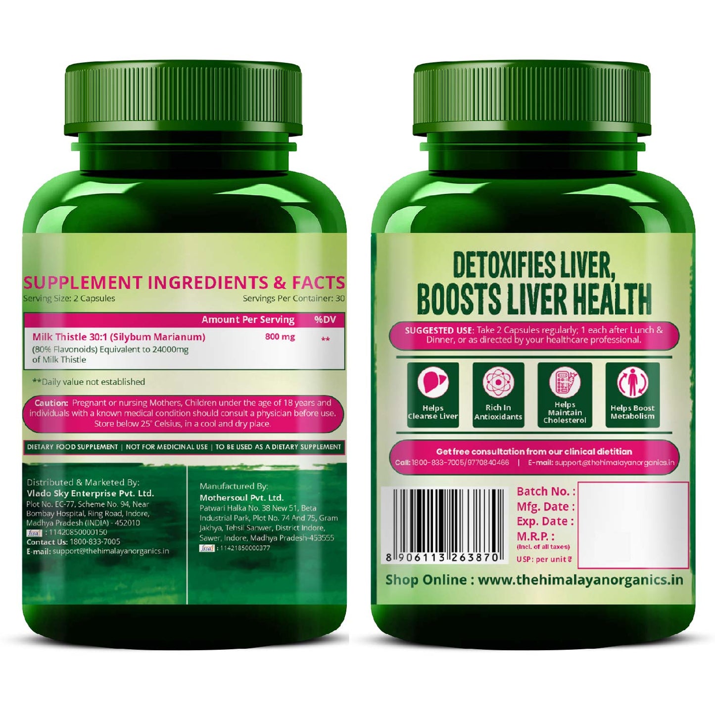 Vlado's Himalayan Organics Milk Thistle Extract Detox Supplement For Men And Women With 800Mg Of Silybum Marianum For Healthy Liver | Helps in Cleanse Liver - 60 Vegetarian Capsules