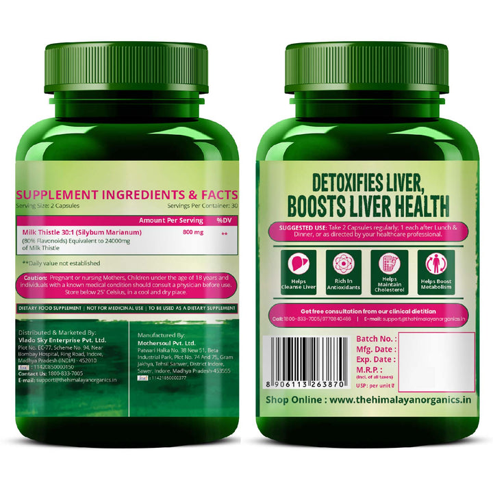 Vlado's Himalayan Organics Milk Thistle Extract Detox Supplement For Men And Women With 800Mg Of Silybum Marianum For Healthy Liver | Helps in Cleanse Liver - 60 Vegetarian Capsules