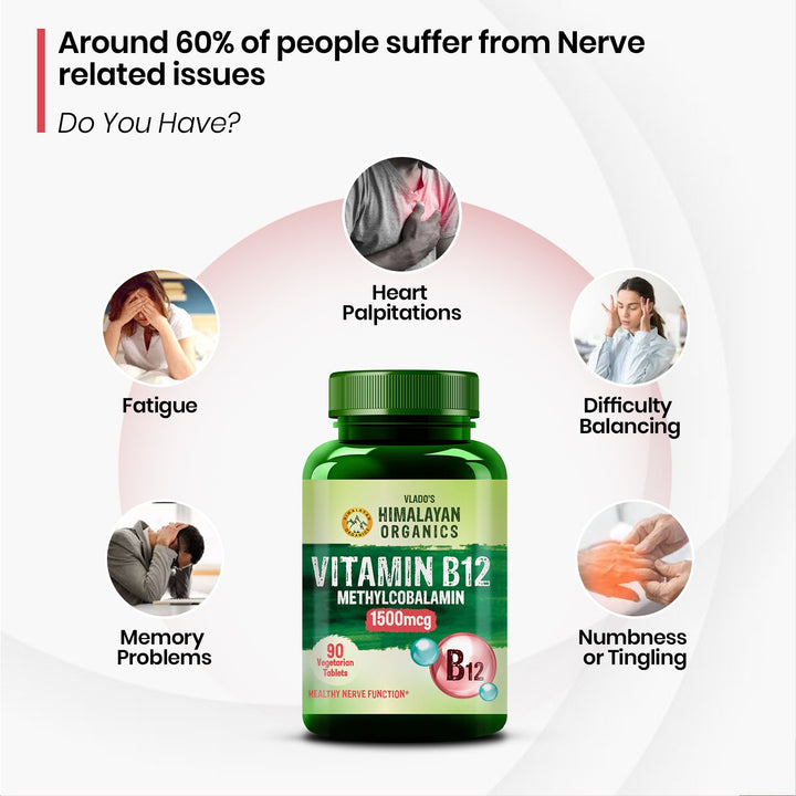 Vlado's Himalayan Organics Methylcobalamin Vitamin B12 1500mcg Supplement support Brain, Nerve Function and Energy - 90 Veg Tablets