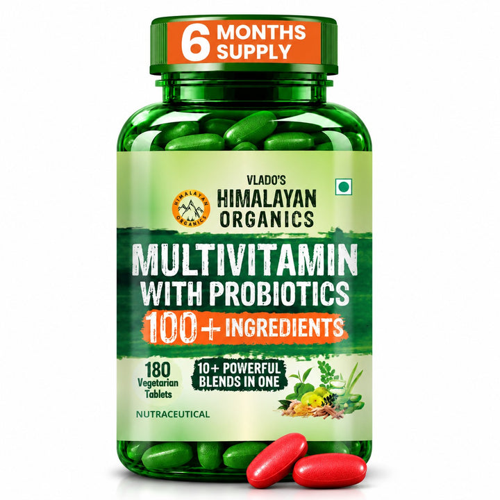 Vlado’s Himalayan Organics Multivitamin for Men & Women with Probiotics | 100+ Nutrients incl. Vitamins B1–B12, C, D & E, Zinc, Iron, Calcium, Biotin | 27+ Herbal Extracts | Supports Immunity, Energy, Stamina, Bone, Skin & Hair | 180 Tablets