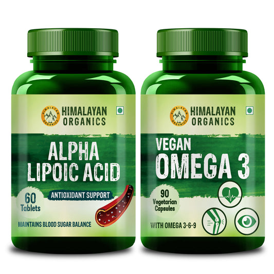 Himalayan Organics Combo Pack of Alpha Lipoic Acid 300mg (60 Tablets) & Vegan Omega 3 6 9 (90 Capsules) - For Healthy Heart