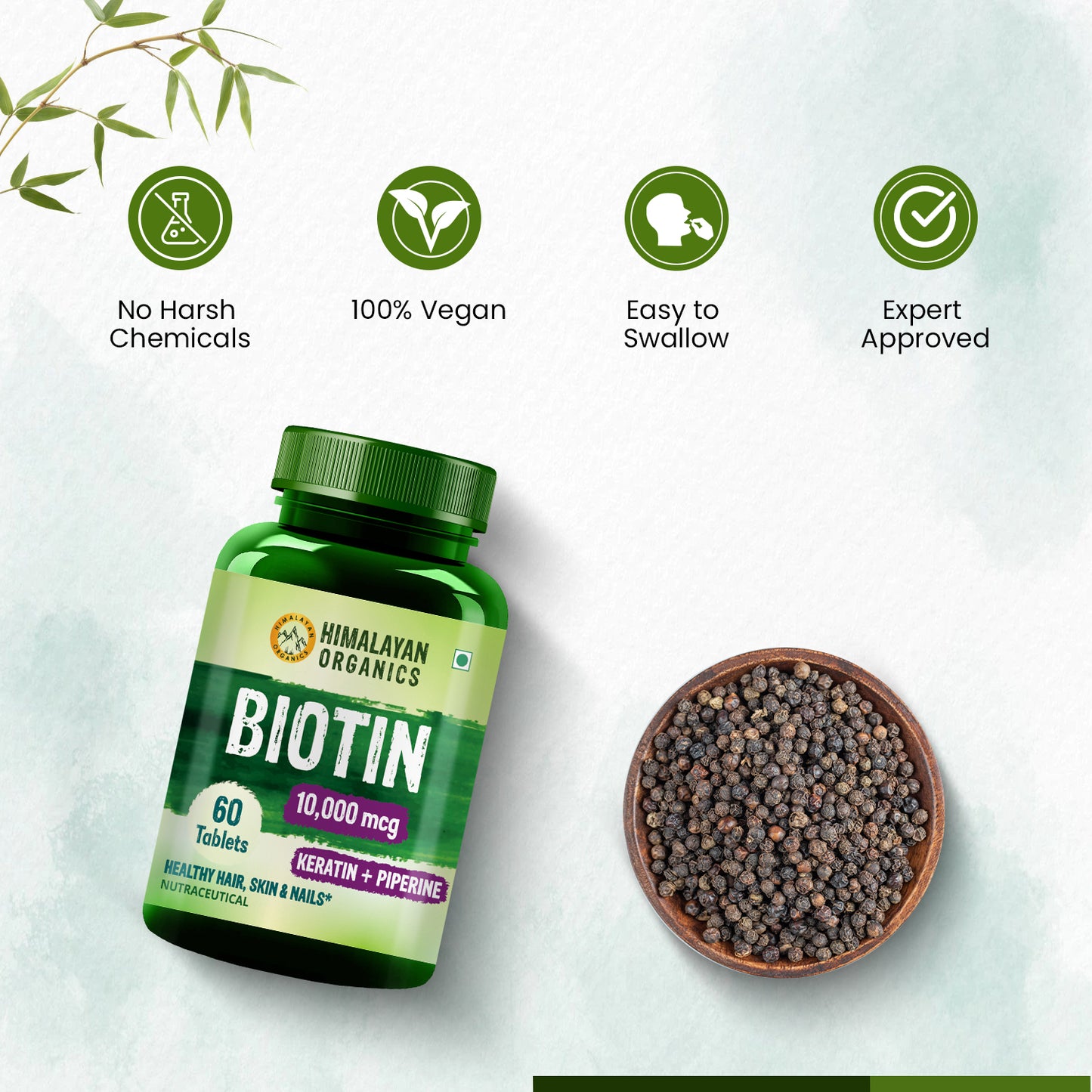 Himalayan Organics Biotin 10000mcg with Keratin + Piperine Supplement For Healthy Hair, Skin & Nails - 60 Veg Tablets