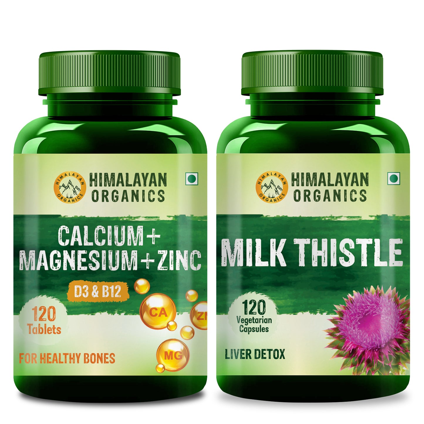 Himalayan Organics Combo Pack of Calcium Magnesium Zinc & Milk Thistle for Bone, Liver & Kidney