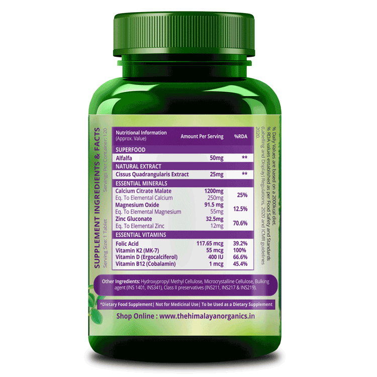 Himalayan Organics Alfalfa Supplement Ingredients and Facts Folic Acid, Vitamin D, K2, B12