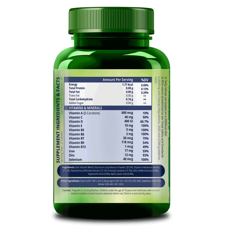 Himalayan Organics Skin Vitamin Tablets for Skin Glow, Zinc, Selenium, Vitamin B12, B5, B9, Vitamin E