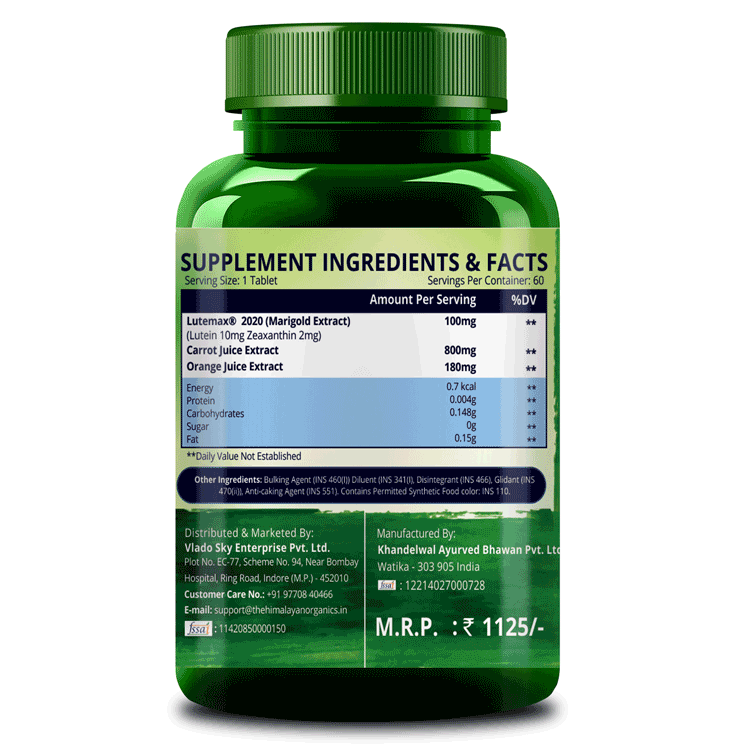Plant Based Eye Care Supplement Ingredients & Facts Lutemax, Carrot and Orange Juice Extract
