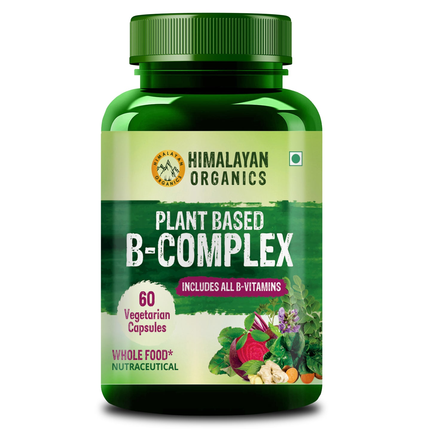 Himalayan Organics Plant Based B Complex Vitamin with 100% RDA B1, B2, B3, B5, B6, B9 & B12 - 60 Veg Capsules