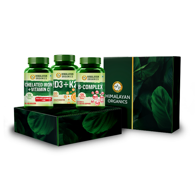 Himalayan Organics Combo Pack of B Complex, D3 K2, Chelated Iron Vitamin C