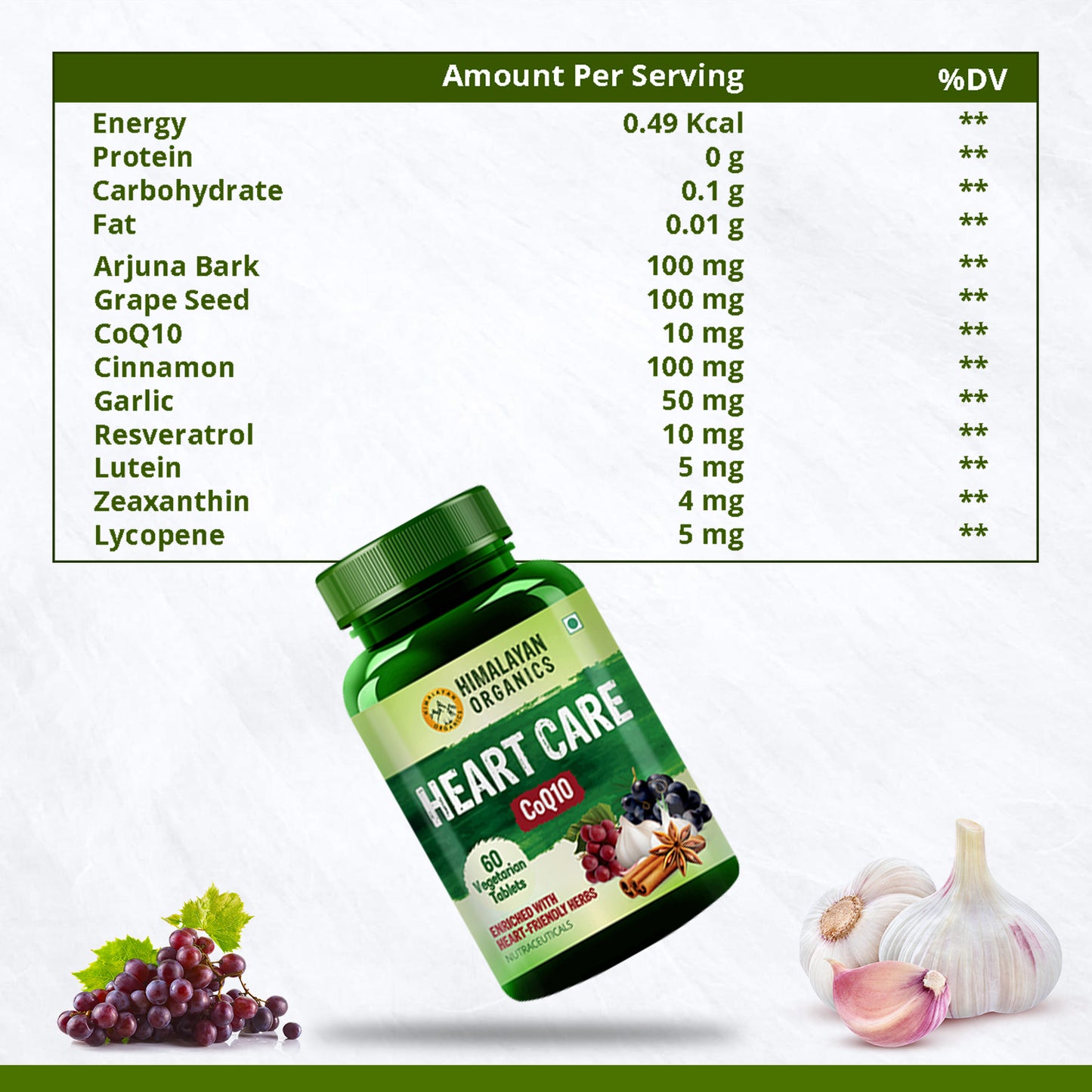 Himalayan Organics Heart Care Supplement with Arjuna Bark, Grape seed, CoQ10, Resveratrol, Cinnamon, Garlic | 60 Veg Tablets