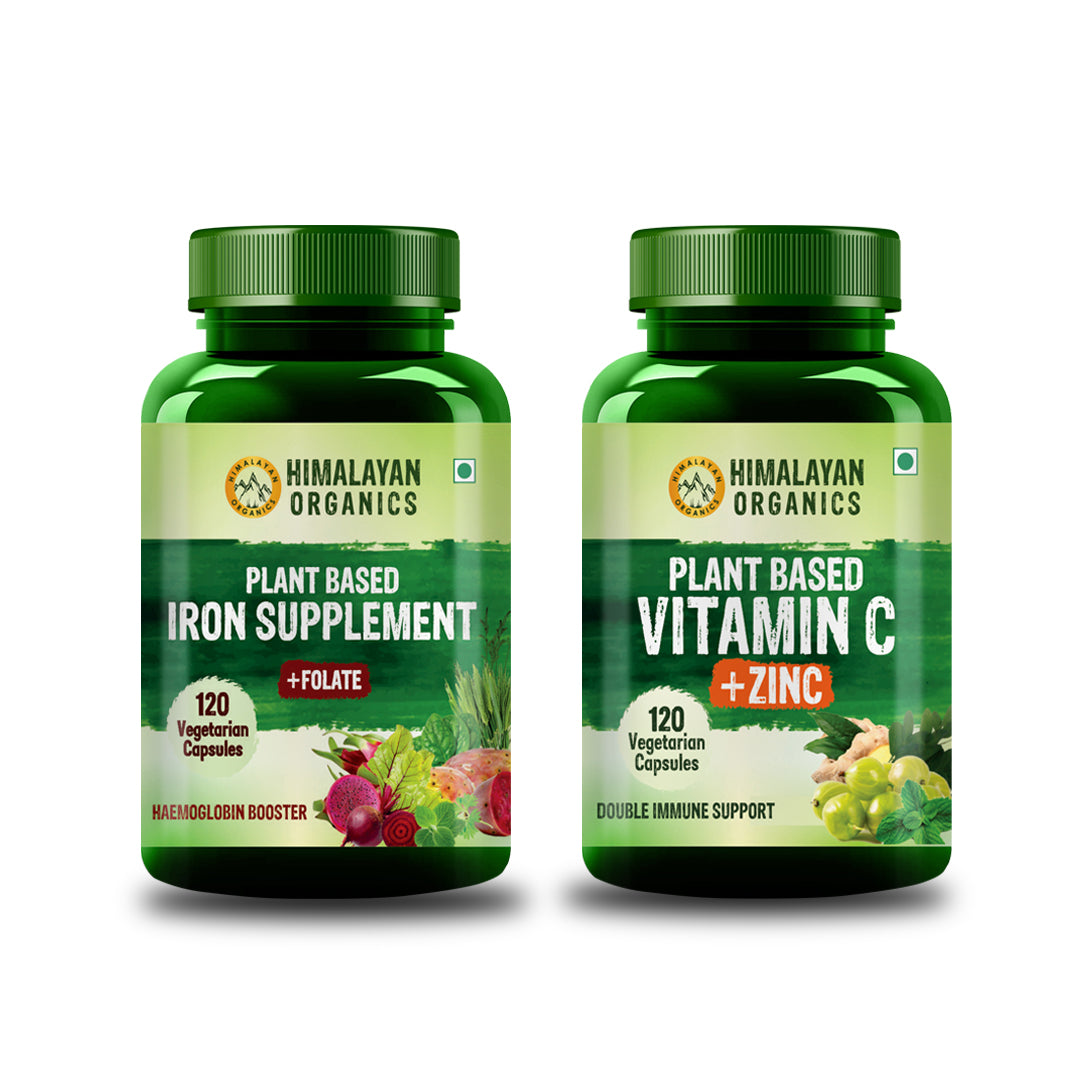 Vlado's Himalayan Organics Combo Pack of Plant Based Iron Supplement with Folate (120 Capsules) & Plant Based Vitamin C with Zinc (120 Capsules) - For Antioxidant Support & Blood Booster