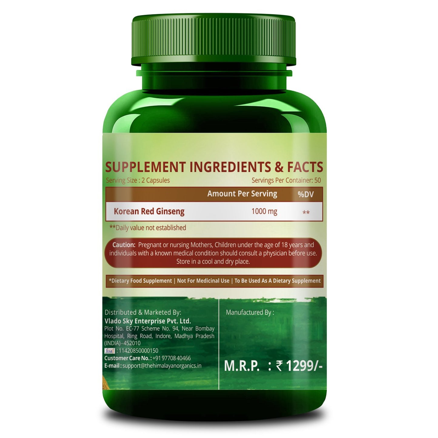 Himalayan Organics Korean Ginseng Supplement Ingredients & Facts 