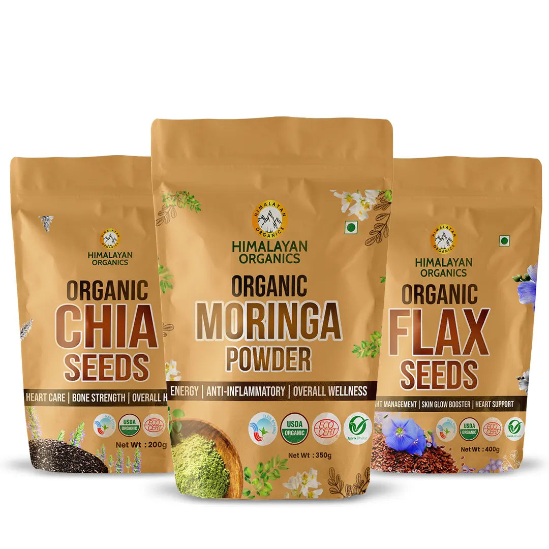Himalayan Organics Combo of Certified Organic Moringa Powder, Chia Seeds, Flax Seeds