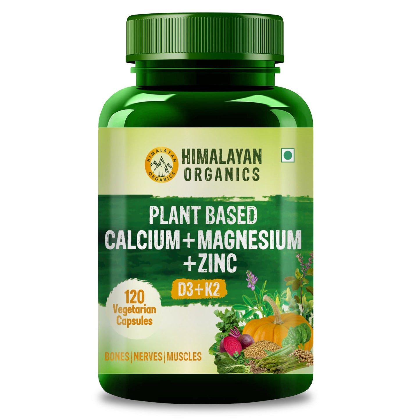 Himalayan Organics Plant Based Calcium Magnesium Zinc D3 + K2 | 120 Veg Capsules 