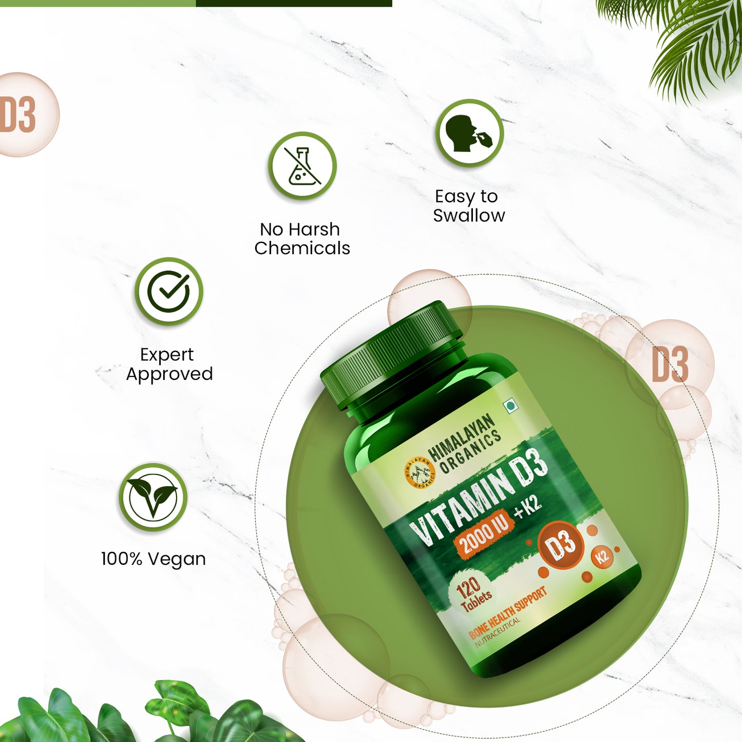 Himalayan Organics Vitamin D3 2000 IU Supplement + Vitamin K2 as Mk7 | Supports Stronger Immunity & Bone & Heart Health - 120 Veg Tablets