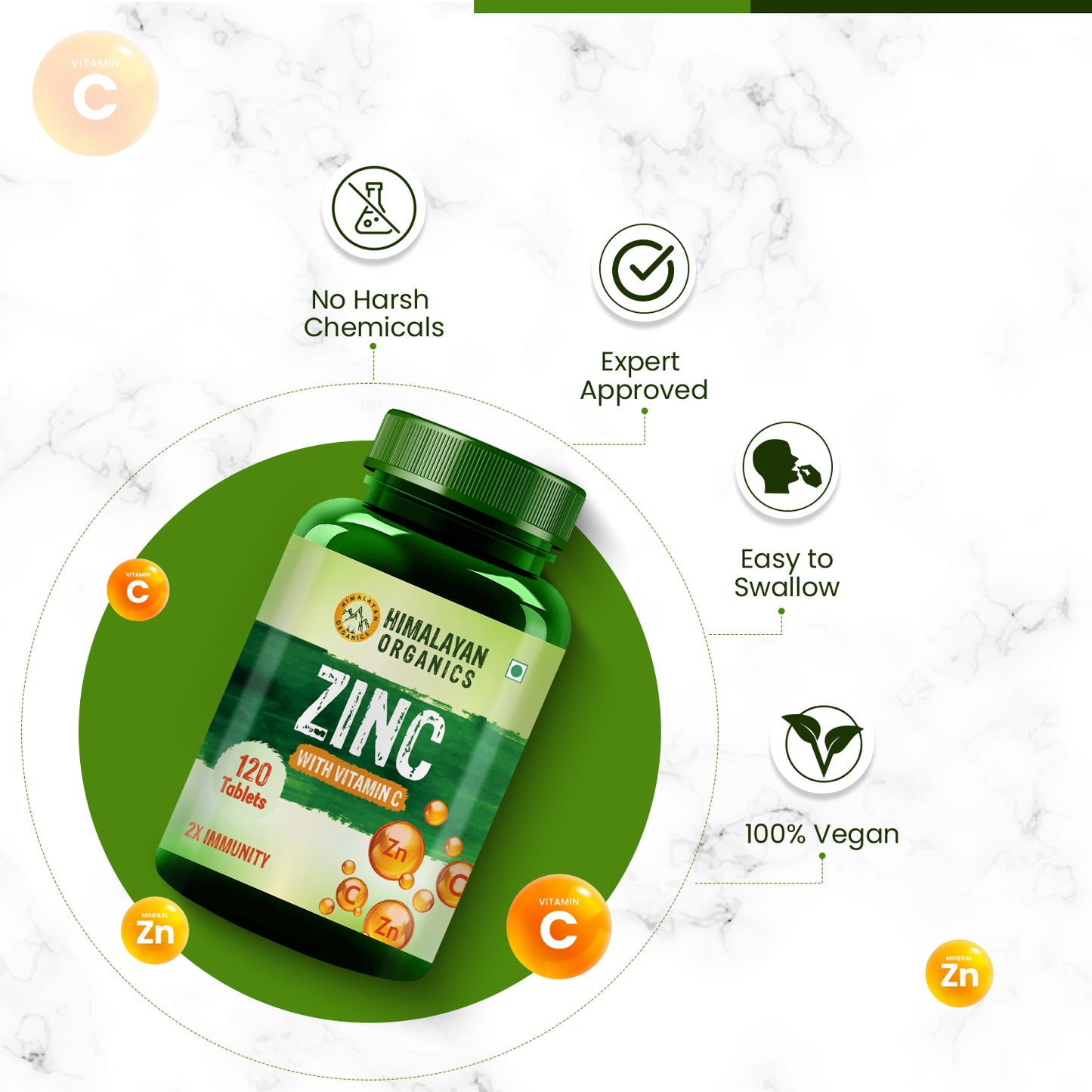 Himalayan Organics Zinc Citrate with Vitamin C & Alfalfa | Supports Healthy Immune System | 120 Veg Tablets